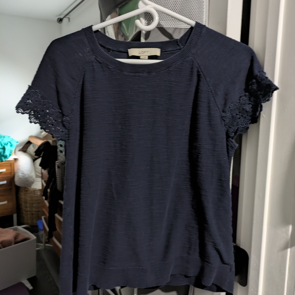 LOFT Navy Short-Sleeve Top with Lace Trim Sleeves
